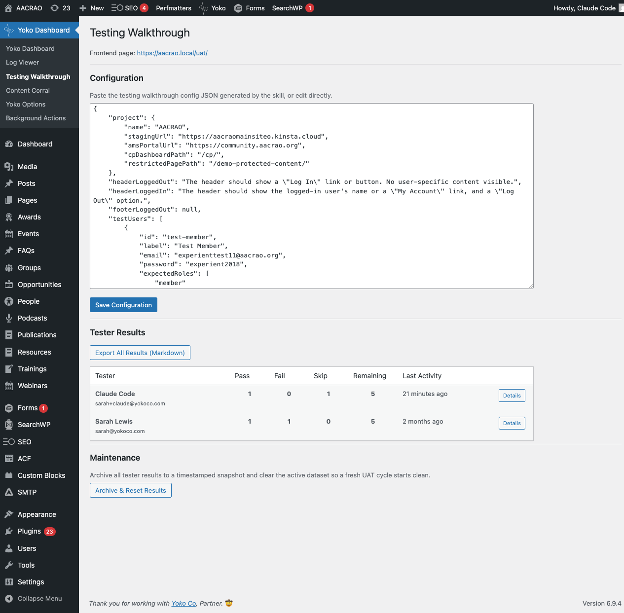 Admin page with config editor + results dashboard