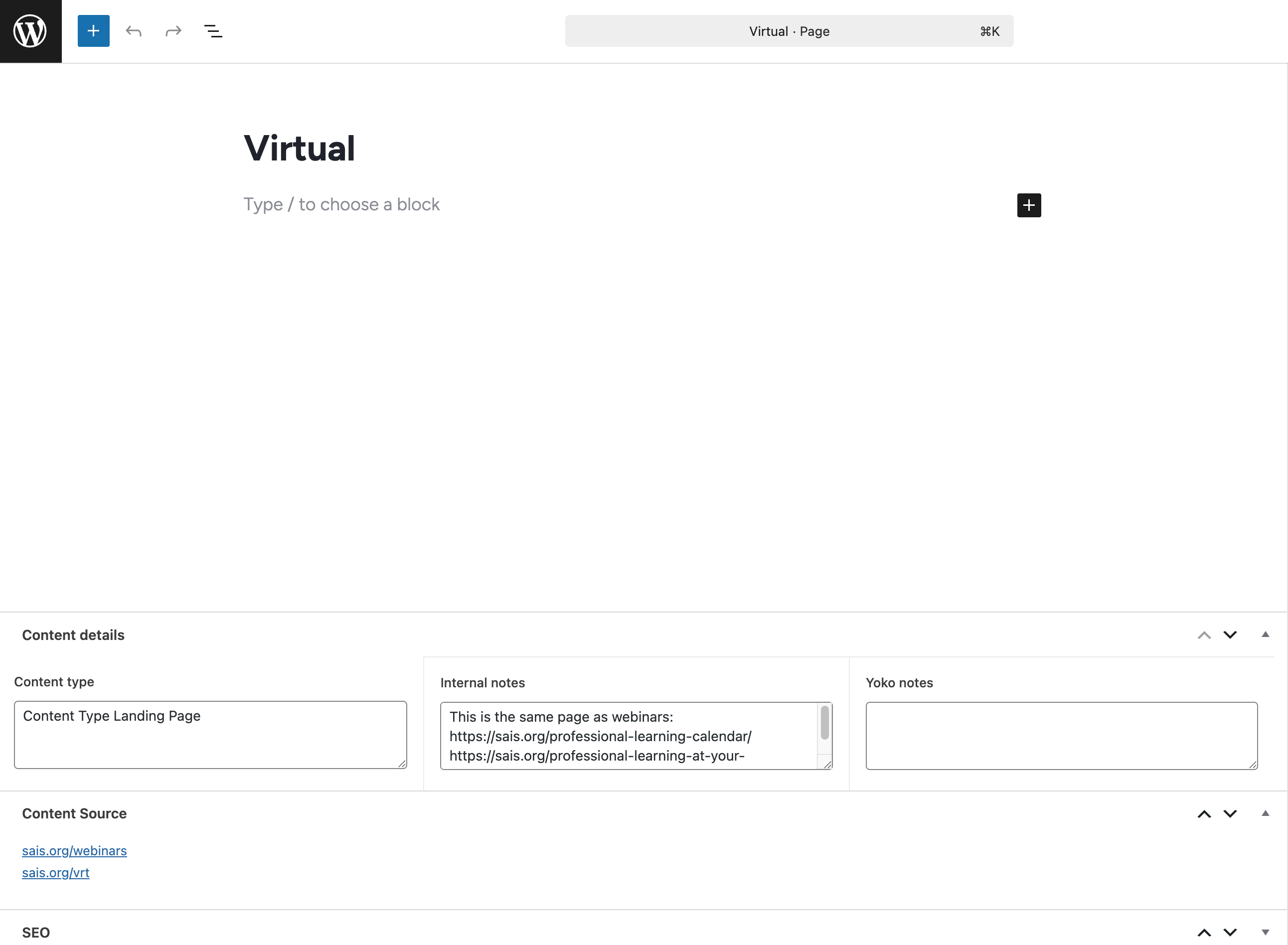 Content Source meta box and Content details fields on the page editor