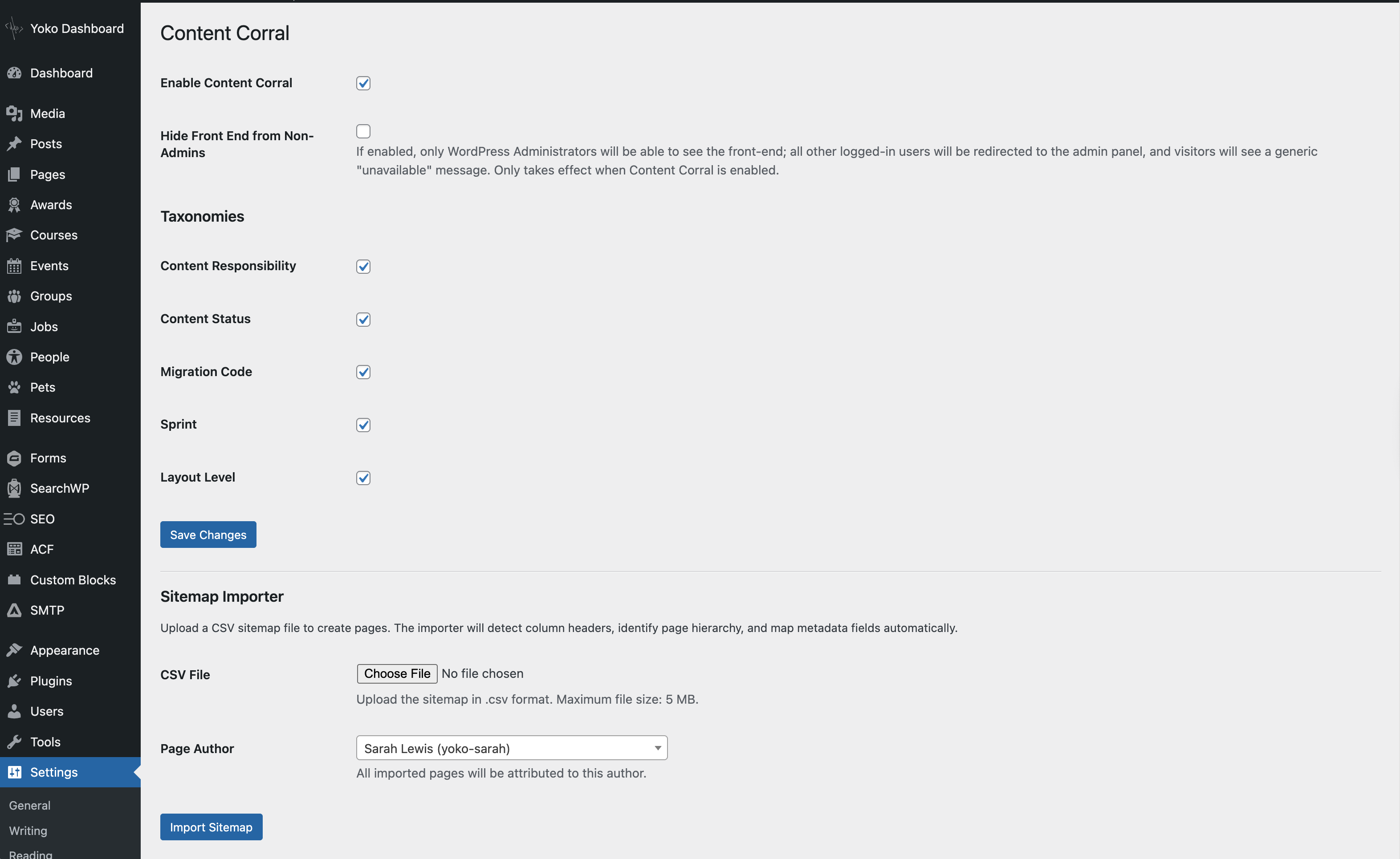 Content Corral Settings Page