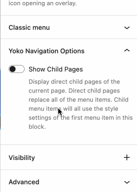 Show Child Pages Option on Core Navigation Block
