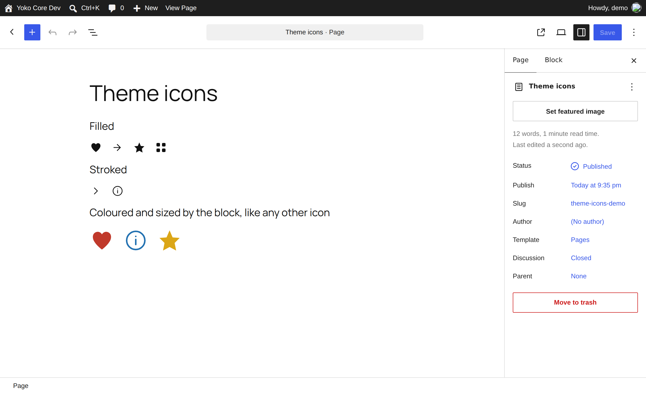 The block editor with the demo page open, showing filled icons, outlined icons and three coloured icons at 48px
