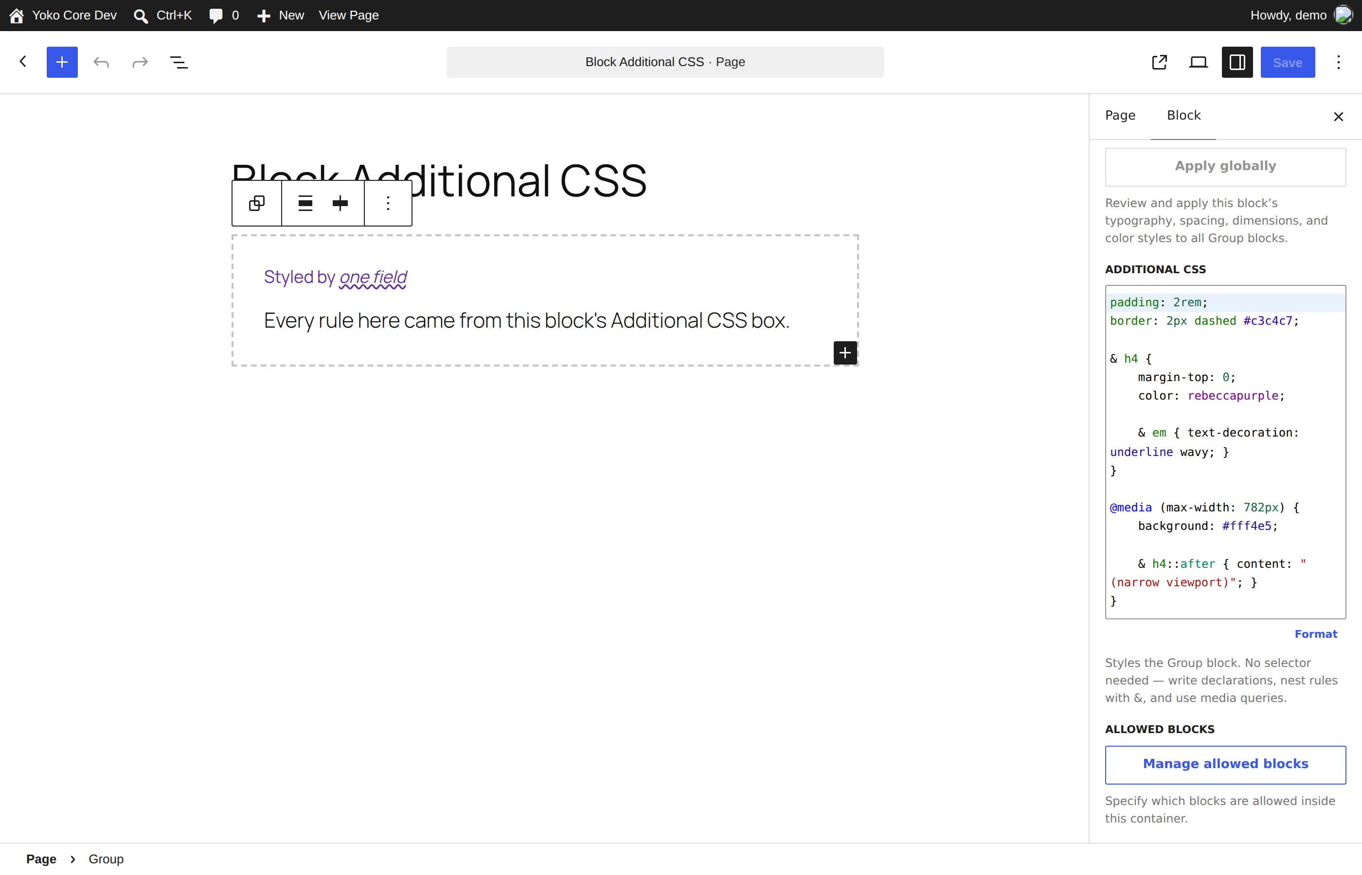 The block editor with the Group block selected, the canvas showing a purple heading with a wavy-underlined phrase, and the same CSS in the sidebar