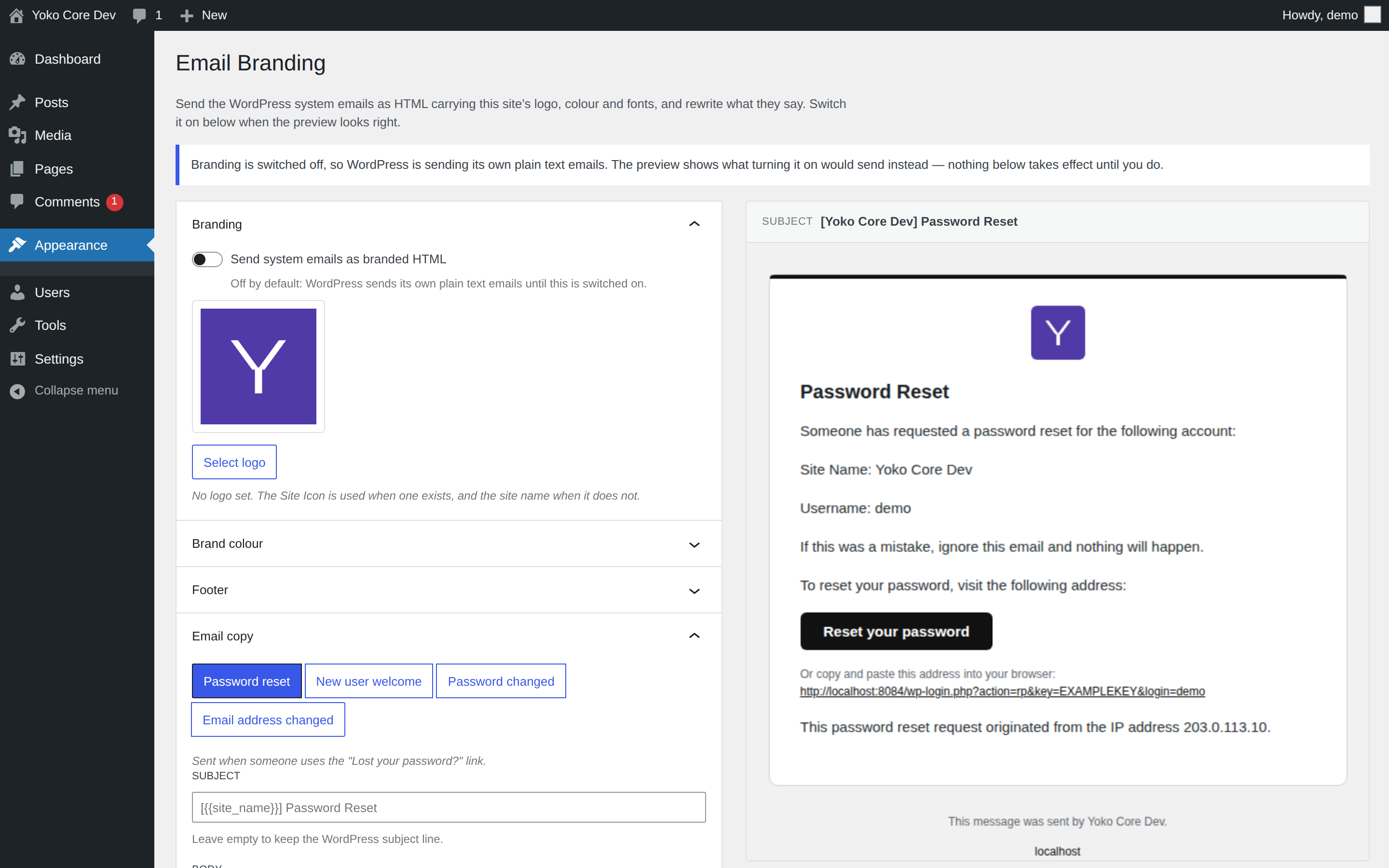 The Email Branding settings screen as every site first sees it: the switch off, a notice saying WordPress is still sending plain text, and the preview showing what switching it on would send