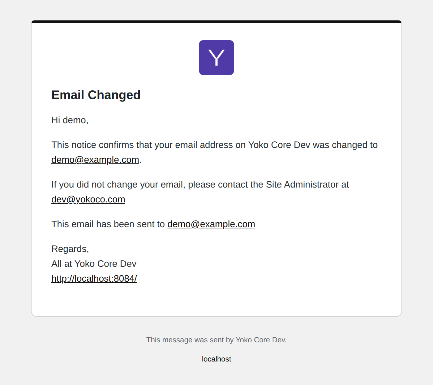 The email address changed notice