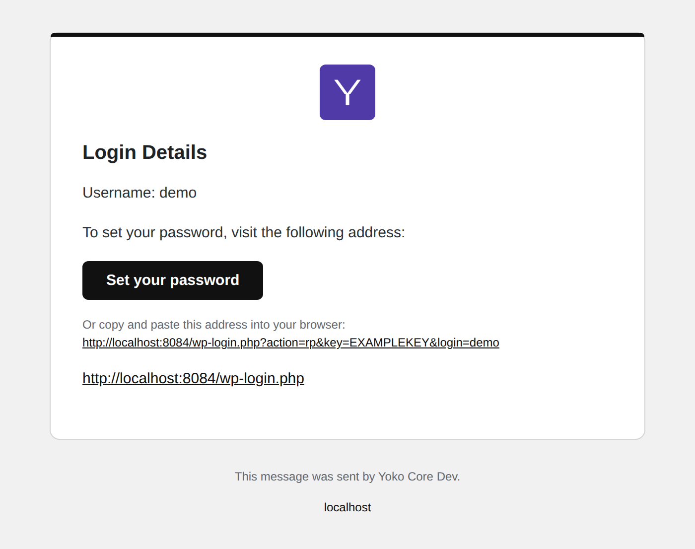 The new user welcome email, with a Set your password button