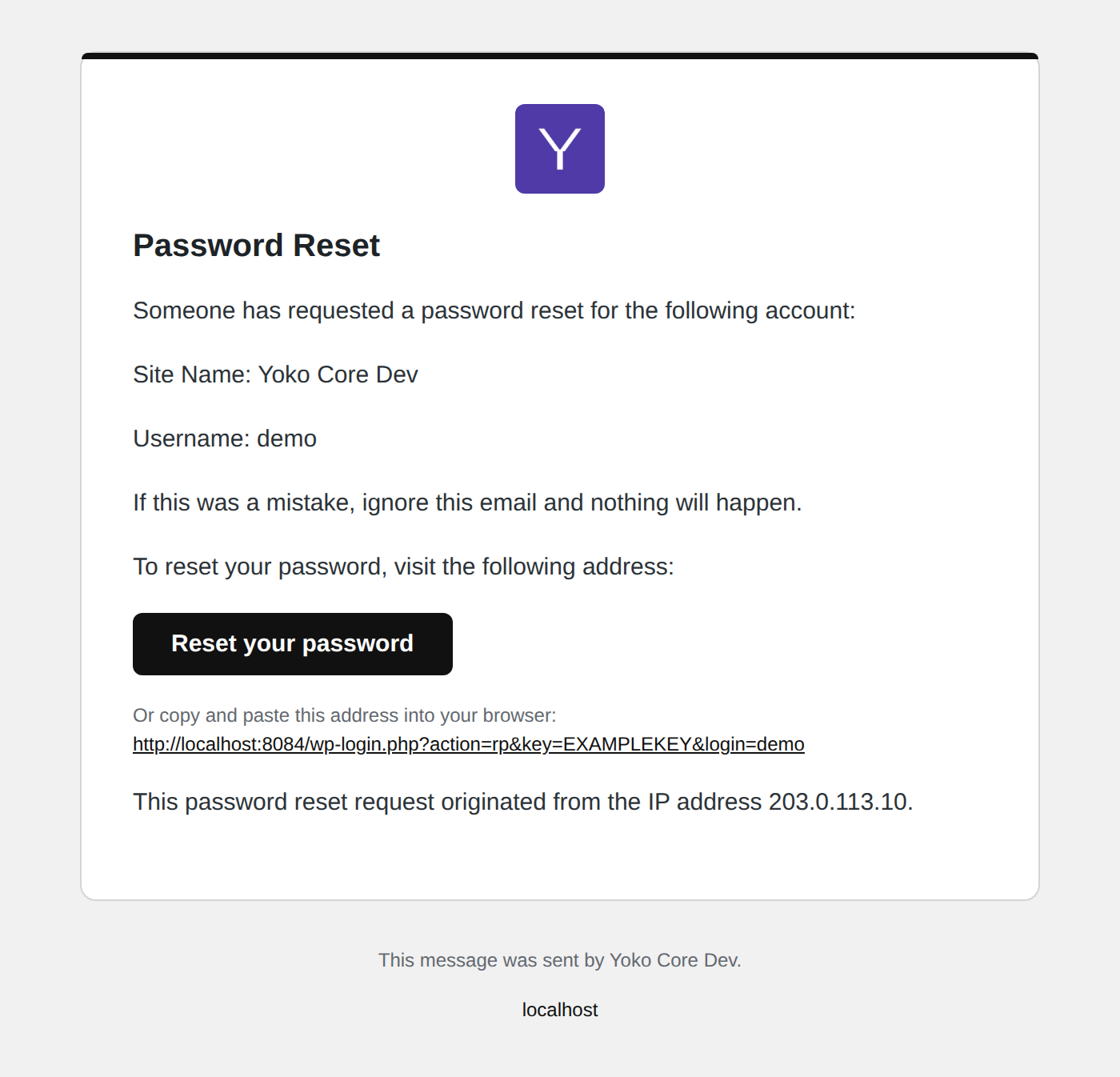The stock WordPress password reset text, branded