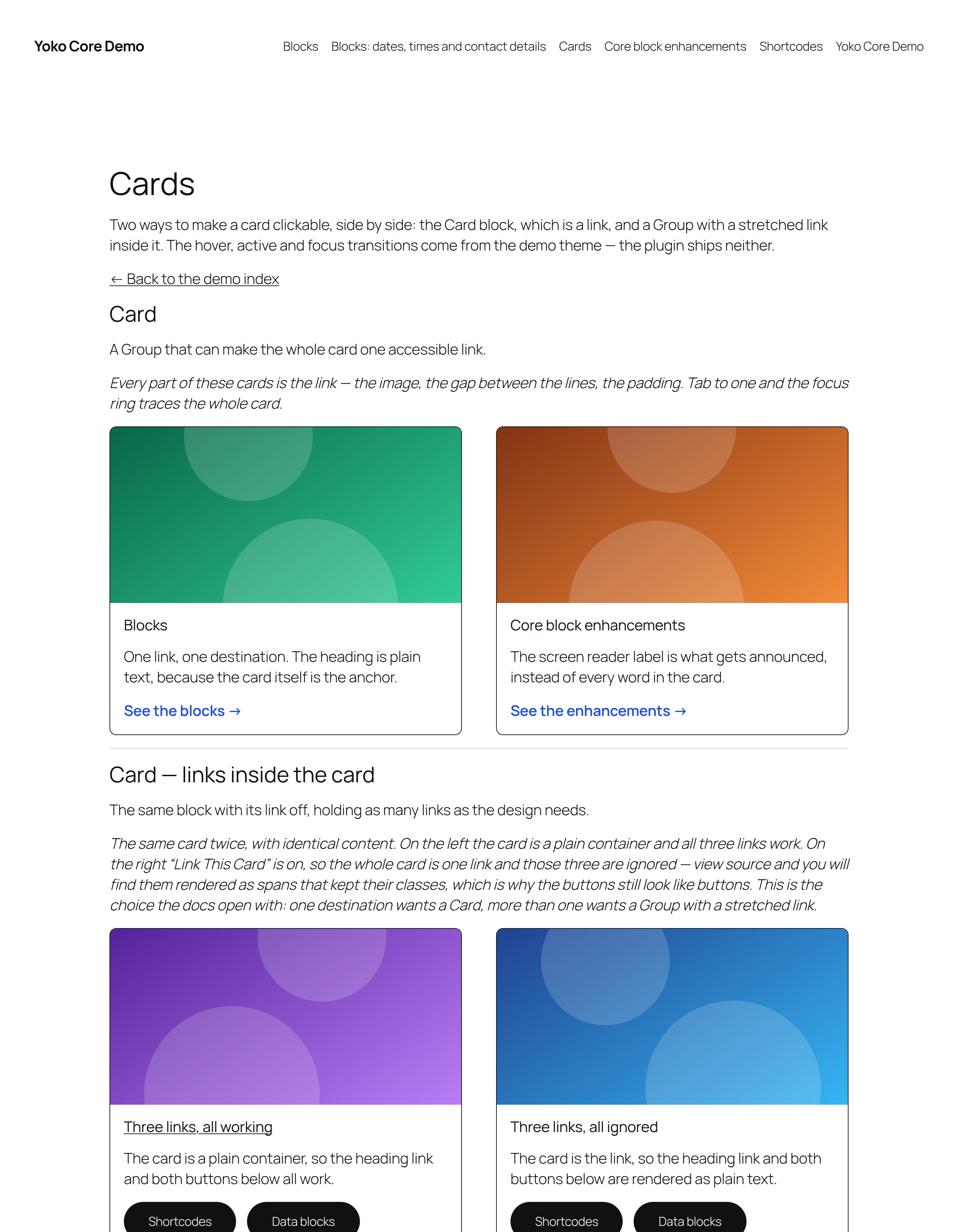 The Cards demo page showing linked cards and a stretched-link card