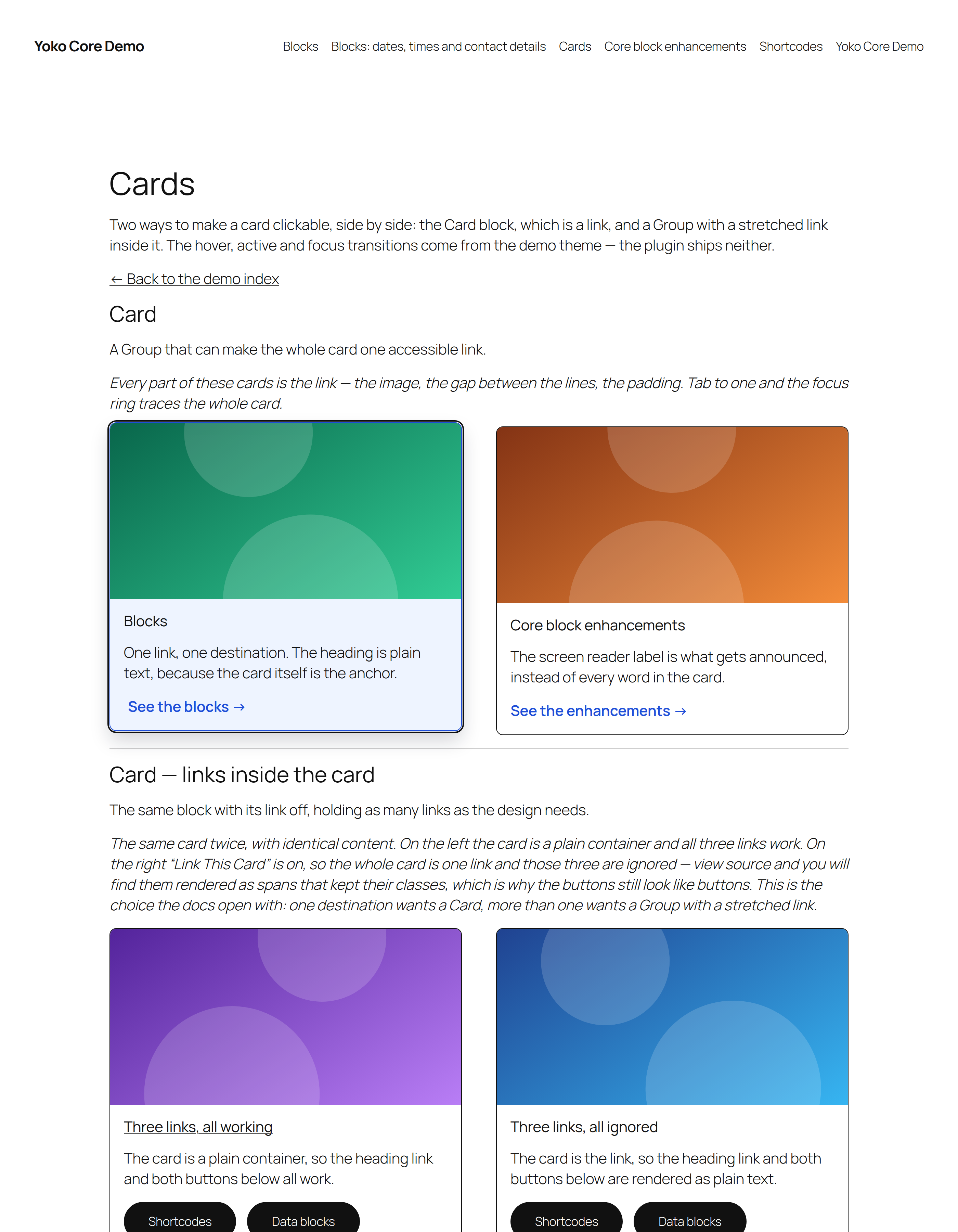 Two cards on the front end, the left one with a focus ring around its whole edge