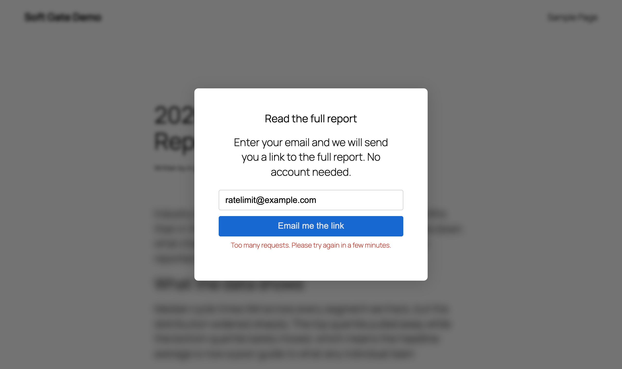 The dialog showing a rate limit error under the button