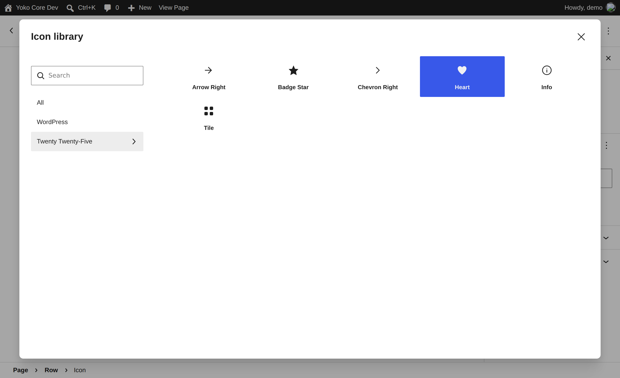 The Icon library modal, with the theme's own collection selected in the sidebar and its six icons in the grid