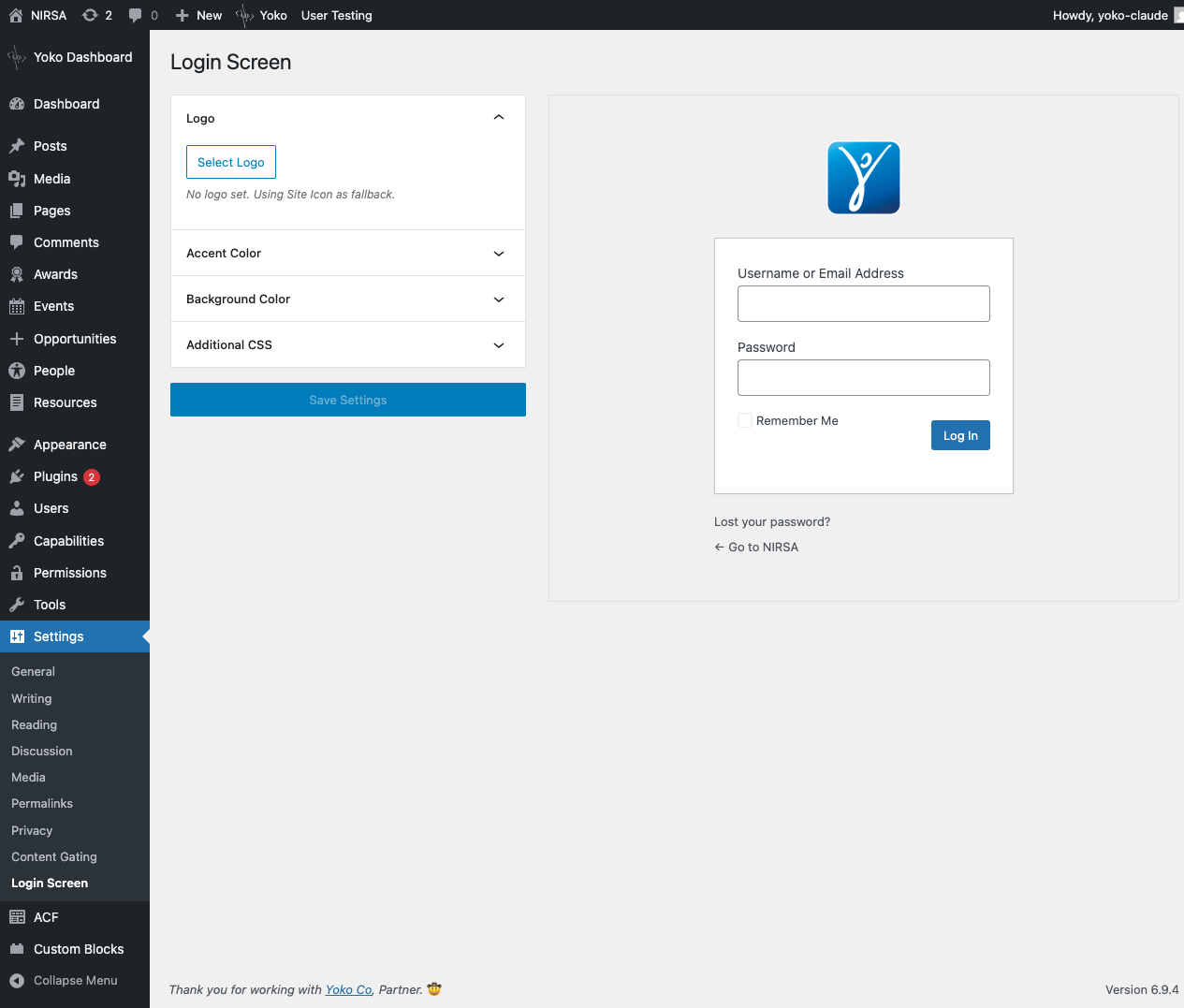 Login Screen settings page with live preview