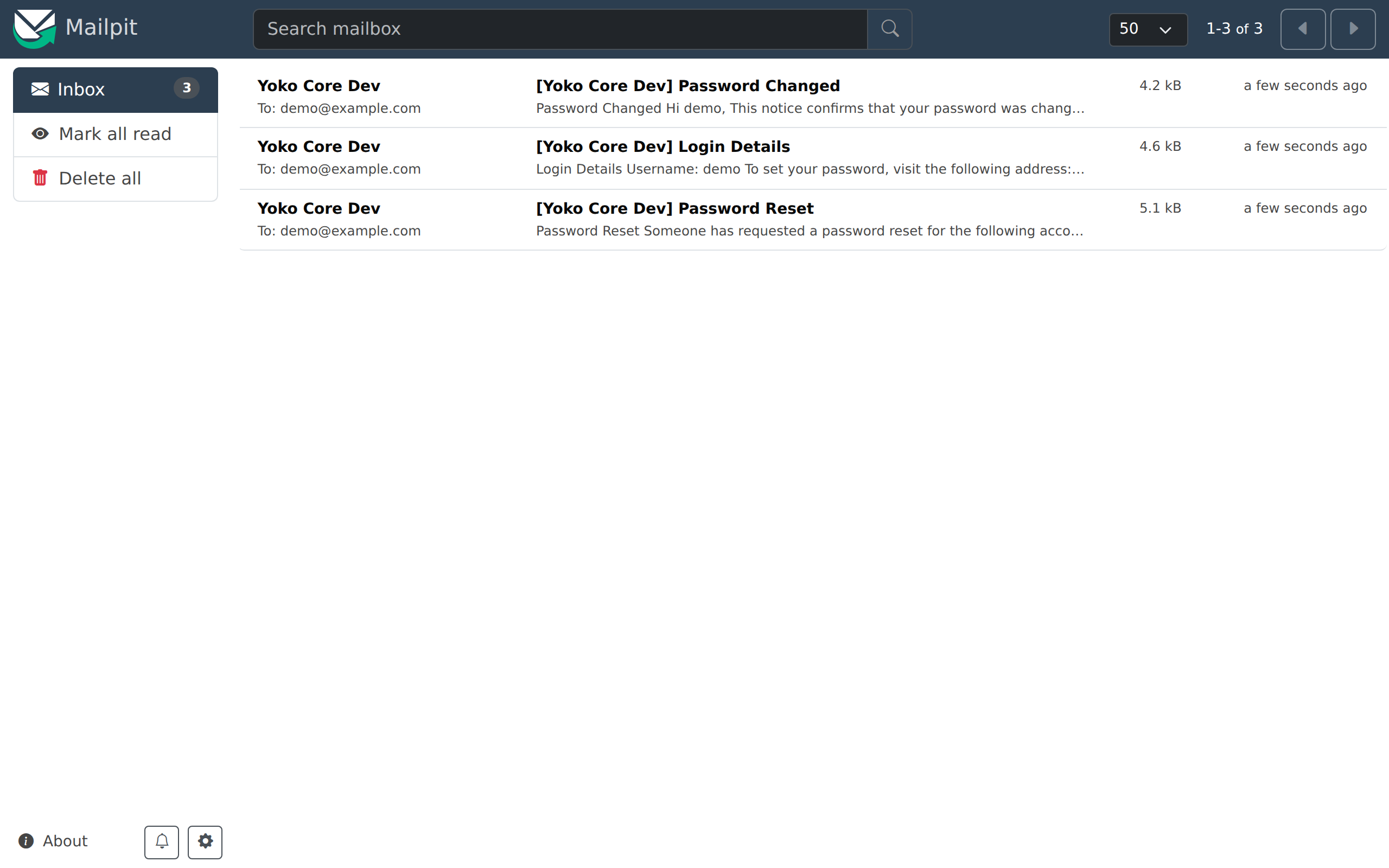 The Mailpit inbox listing three WordPress system emails