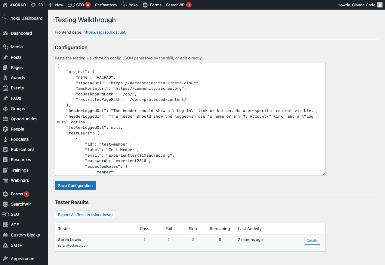 Results dashboard with expanded tester row