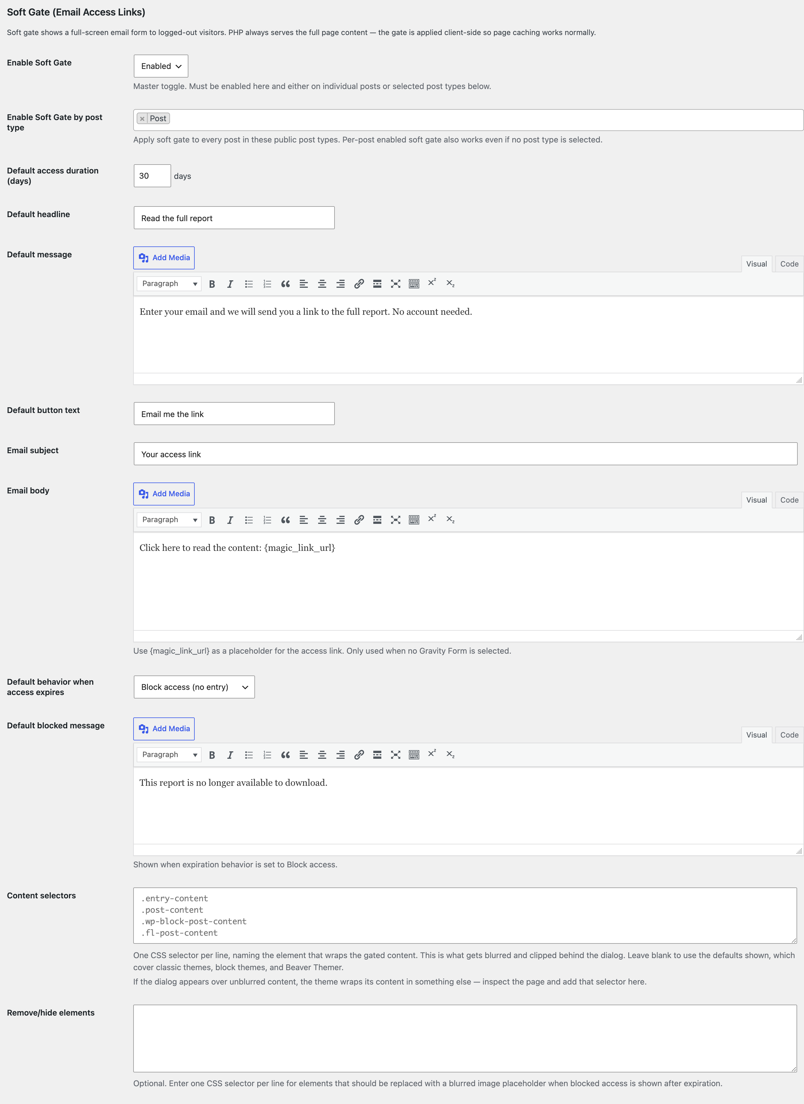 The settings screen with the blocked message and element selector fields visible