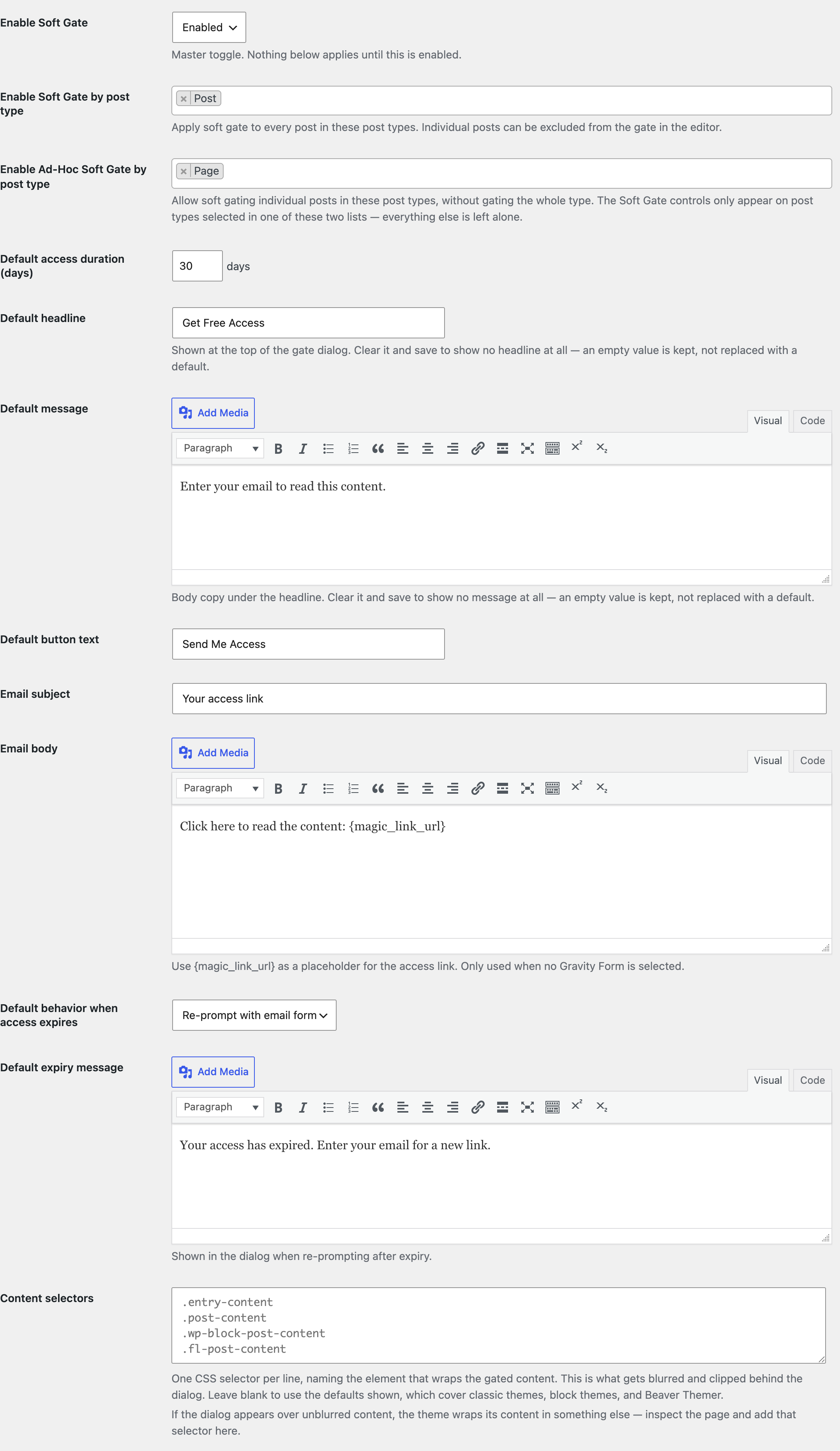 The Soft Gate section of the Content Gating settings screen