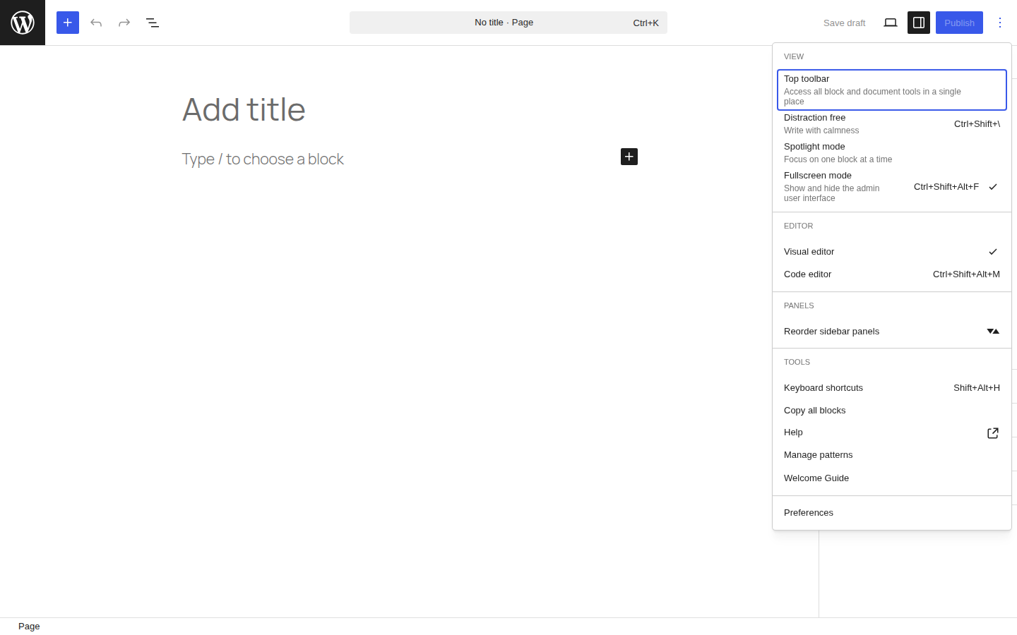 The Options menu with the Reorder sidebar panels item