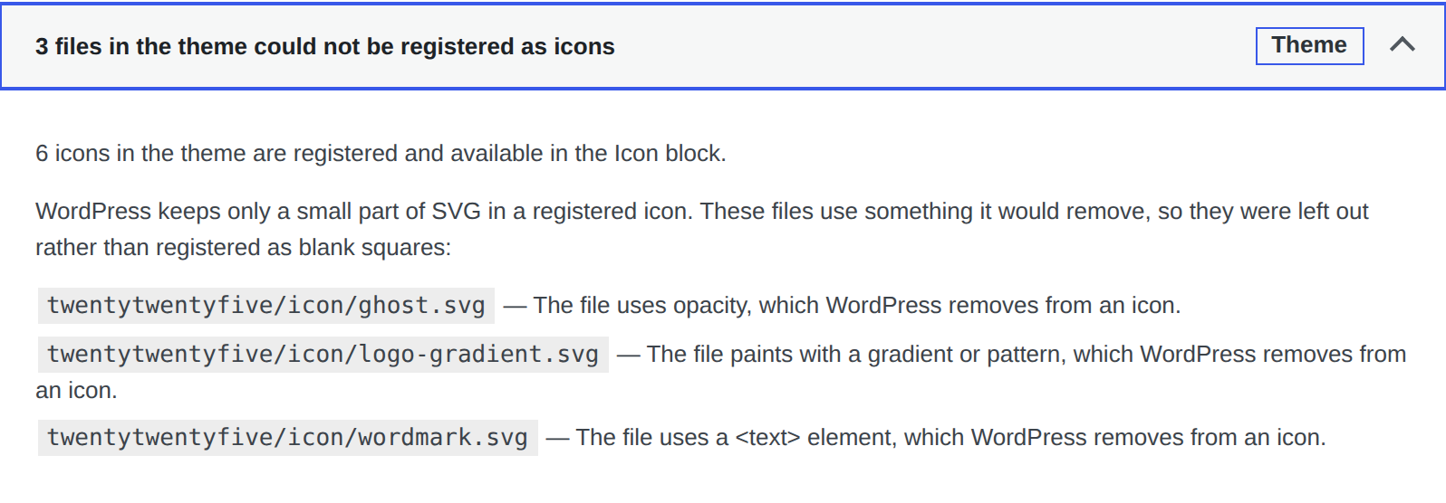 The Site Health result, expanded, listing three files and why each was skipped