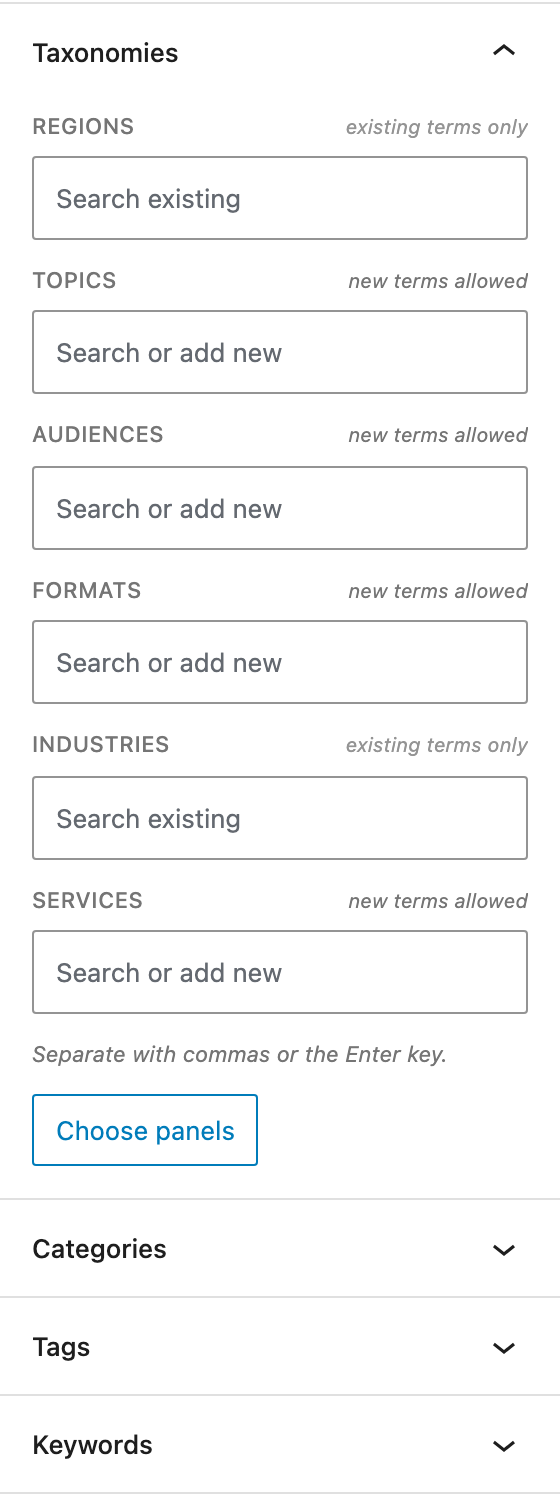 A Taxonomies panel holding six chip fields, with Categories, Tags and Keywords still separate below it