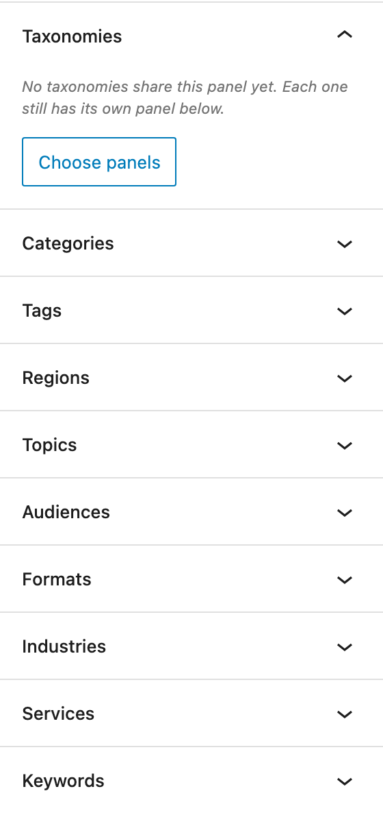 Nine collapsed taxonomy panels stacked down the sidebar, under an empty Taxonomies panel offering a Choose panels button