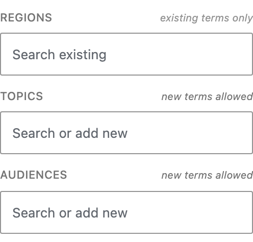 The consolidated panel with each field marked "new terms allowed" or "existing terms only"
