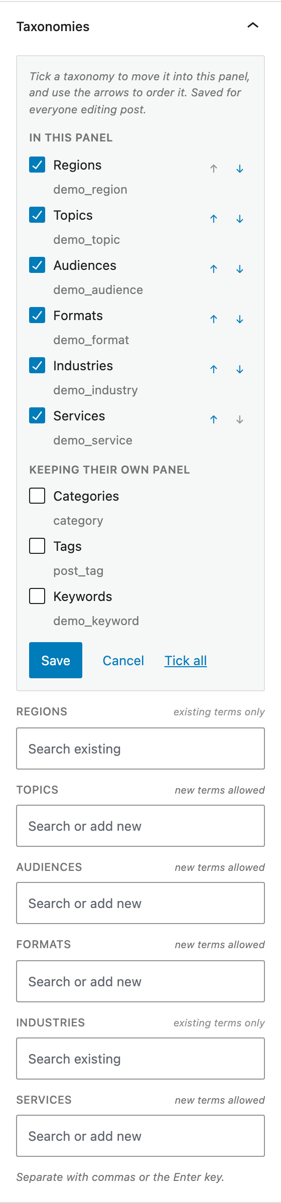The picker open in the Taxonomies panel, split into In this panel and Keeping their own panel, each row a checkbox with its slug beneath and up and down arrows on the consolidated ones