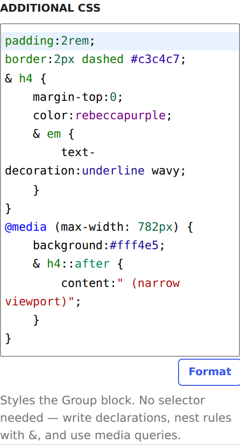 The same CSS after pressing Format, indented one tab per level of nesting