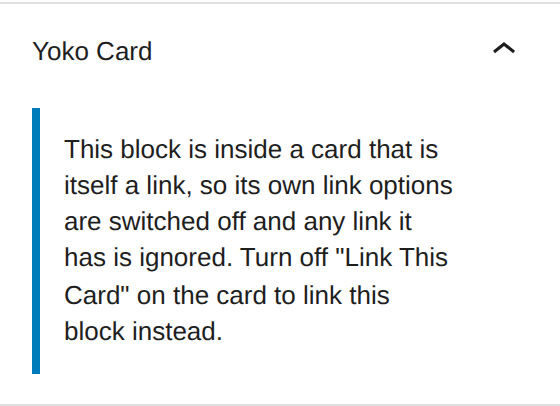 A Yoko Card panel on the image block explaining that its link options are switched off