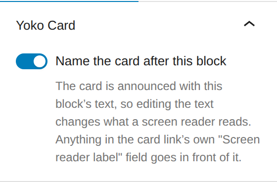 The Yoko Card panel on a heading, with Name the card after this block switched on