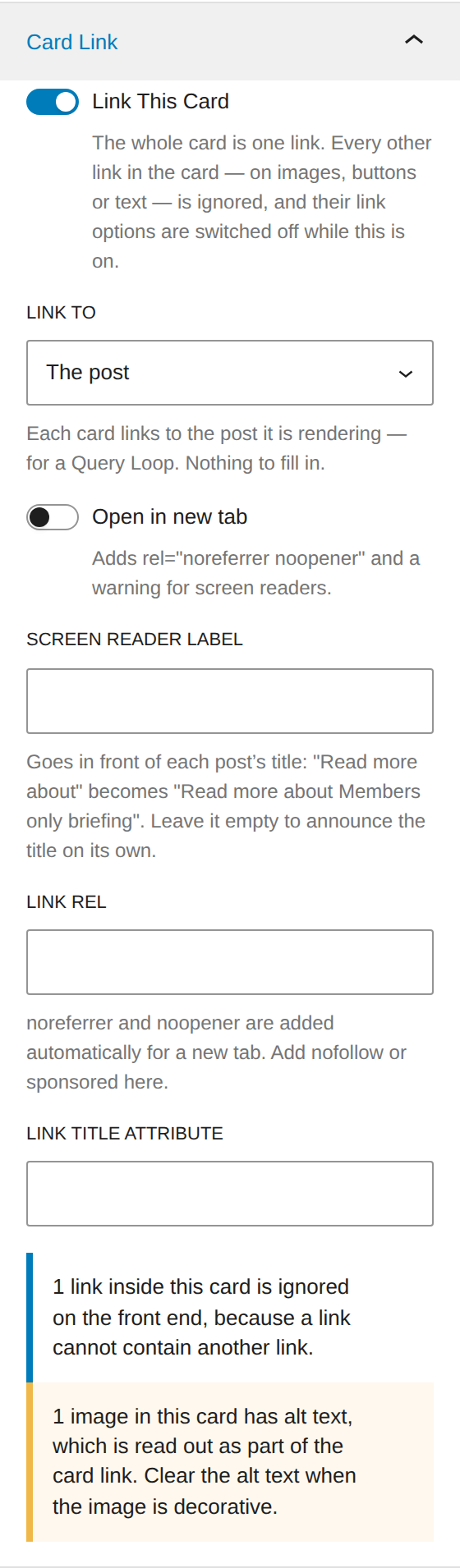 The Card Link panel with Link to set to The post, and no URL field