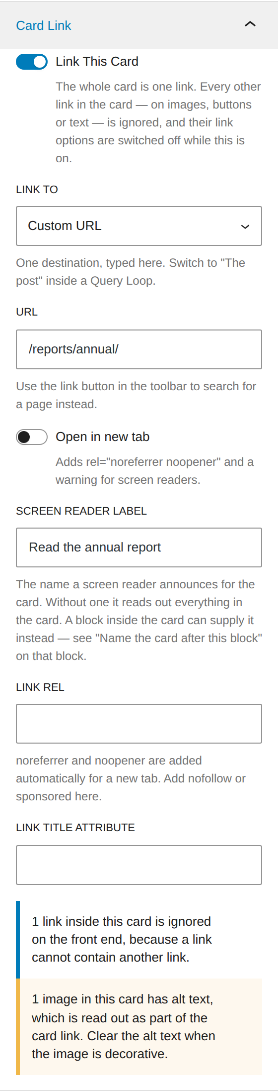 The Card Link panel switched on, showing URL, Open in new tab, Screen reader label, Link rel and Link title attribute