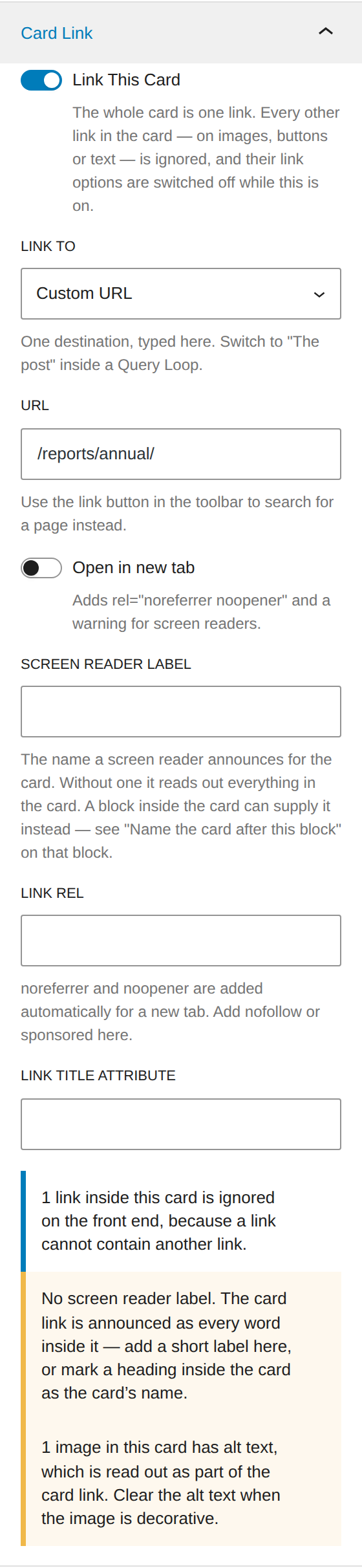 The Card Link panel showing three warnings beneath the options
