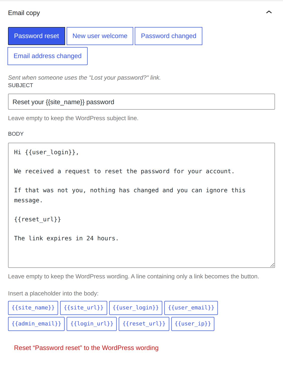 The Email copy panel: tabs for the four emails, subject and body fields, and a row of placeholder buttons beneath them