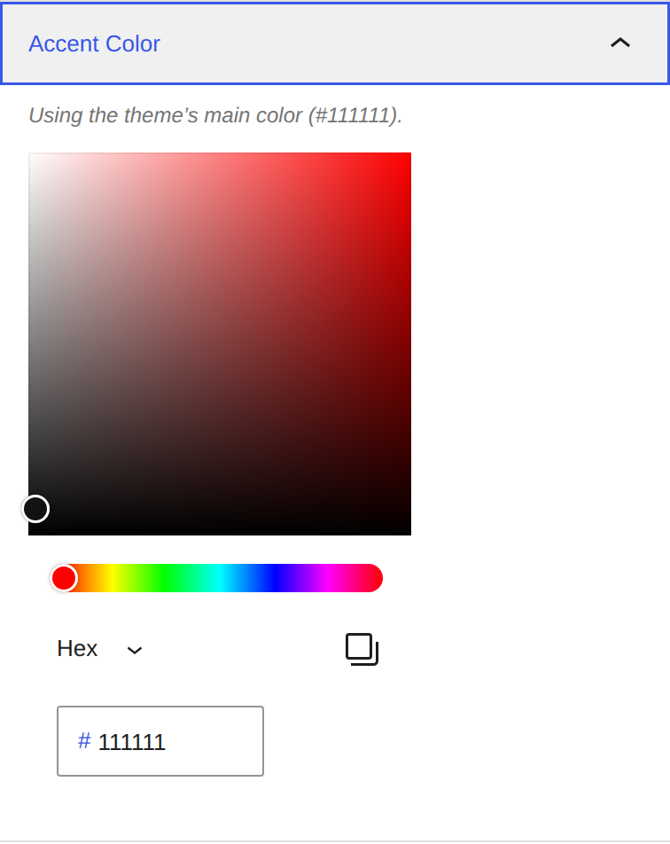 The Accent Color panel, saying it is using the theme's main color and showing that value in the picker
