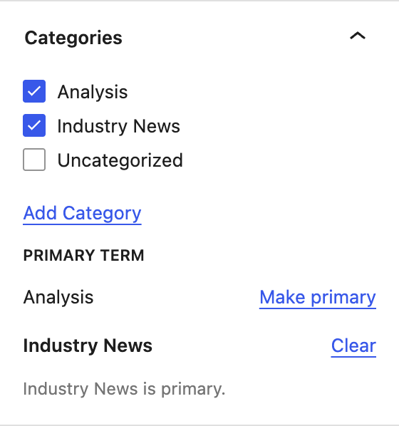 The Categories panel in the document sidebar with a Primary term list beneath the checklist, showing Make primary next to one term and Clear next to the bold primary one