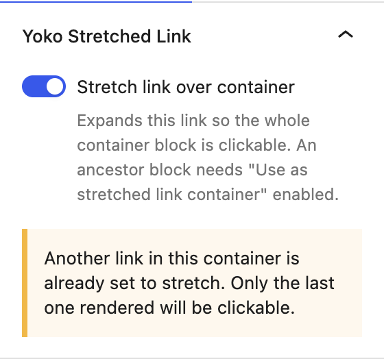 The panel warning that another link in this container is already set to stretch